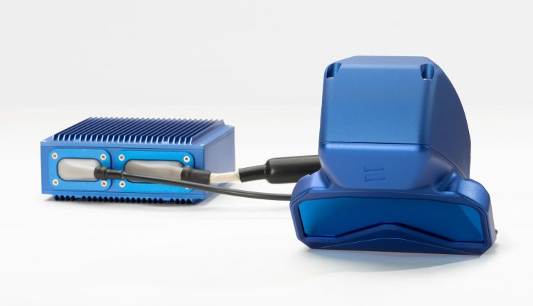 A light blue Baraja lidar unit.