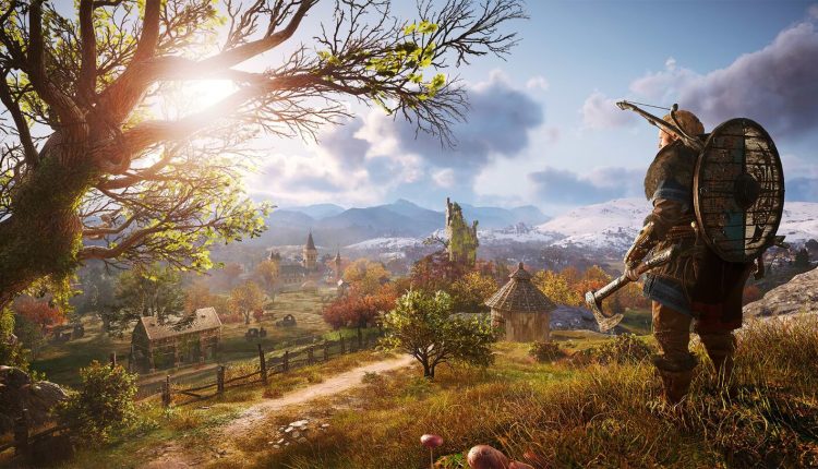 Screenshot von Assassins Credo Valhalla mit einem Wikinger in einer britischen Landschaft